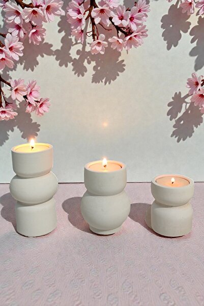 BESAGU HOME 3lü Tealight Mumluk Seti - Dekoratif Beton Mumluk - Mumlar Dahildir