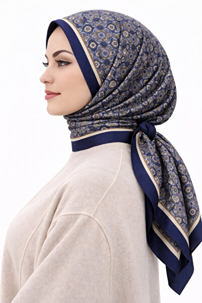 VALURESS Lacivert Pamuklu Desenli Dijital Bambu Kraş Eşarp, Yumuşak Dokulu, T...