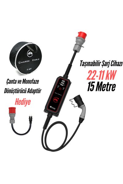 Bemis Pro Mobile 11-22KW - 15M -Elektrikli Araç Taşınabilir Şarj Cihazı -Çanta ve Dönüştürücü Hediye