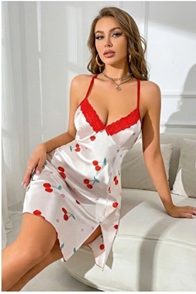 Pi Giyim Γυναικείο νυχτικό με λουράκι από σατέν με κόκκινη δαντέλα με σχέδιο ...