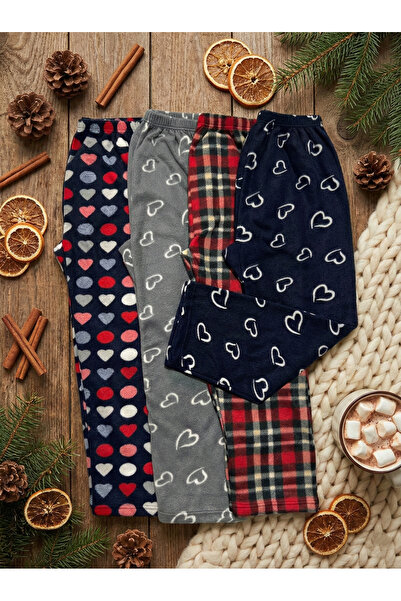 SİERNA Women's Winter Fleece Pajama Bottoms Set of 4 - Warm Bundle with Heart...