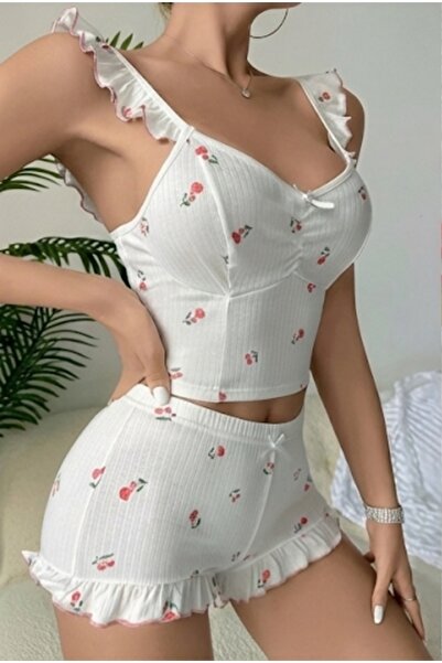 MODA YILDIZ Γυναικείο σετ πιτζάμα με λευκό φλοράλ σχέδιο με βολάν και σορτς