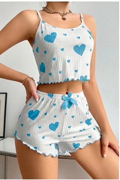 Pi Giyim Women's white blue heart patterned suspender shorts pajama set