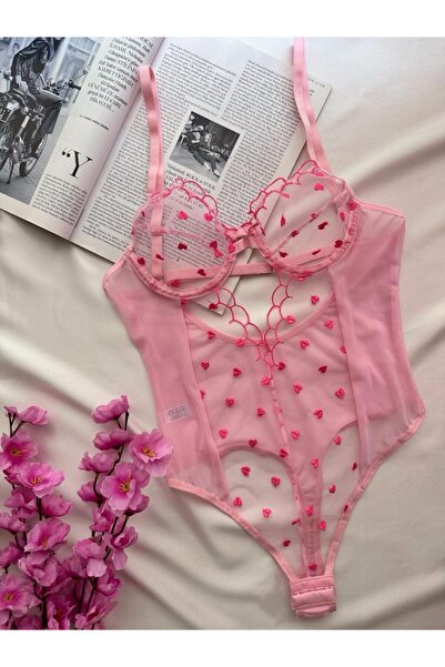 DİA SENSE Kadın Pembe Kalp Desenli Transparan Tül Body – Romantik Dantelli Bü...