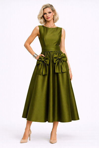 ALYEL NAKER Fiyonk Detaylı Haki Kolsuz Tafta Midi Elbise