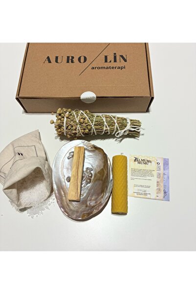 AUROLİN Enerji Seti:Palo Santo Ağaç Tütsü-Balmumu Mum-Üzerlik Tütsü-Deniz kab...