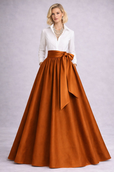 ALYEL NAKER Piliseli Kuşaklı & Color-Block Detaylı Maxi Tafta Gömlek Elbise