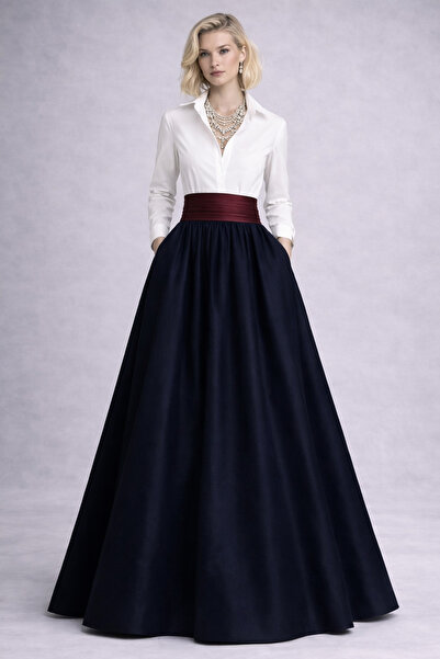 ALYEL NAKER Piliseli Kuşaklı & Color-Block Detaylı Maxi Tafta Gömlek Elbise