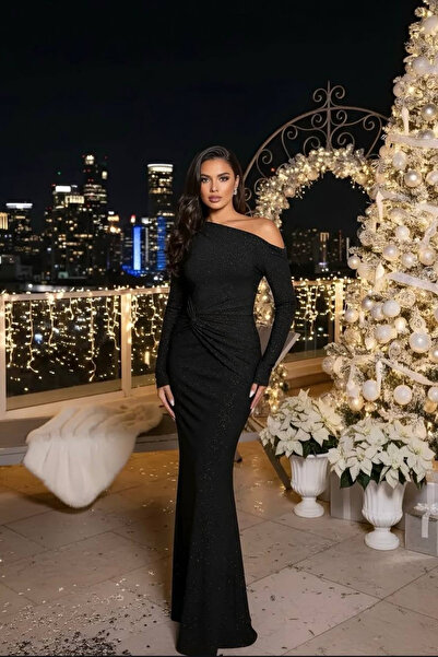 Afitapbutikmoda Omuz Dekolteli Büzgülü Işıltılı Fukuro Uzun Elbise