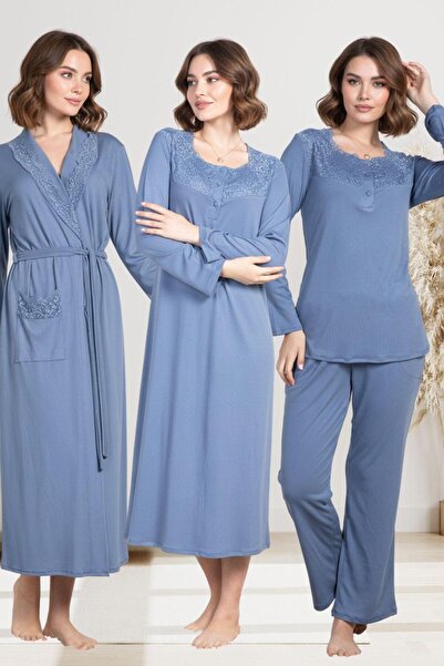 Mecit Pijama Mecit 6157 İndigo Kadın Sabahlık Pijama Gecelik Set