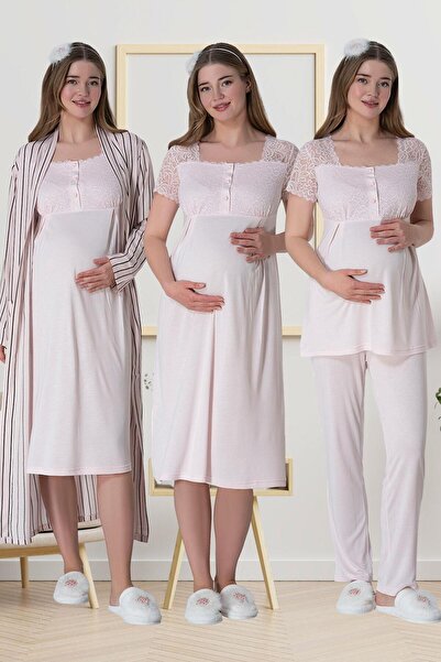 Mecit Pijama Mecit 6063 Рожева смугаста довга нічна сорочка Піжама Постнаталь...