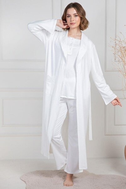 Mecit Pijama Mecit 6155 Ekru Kadın Büyük Beden Sabahlıklı Pijama Takımı