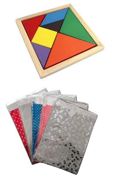 Esmay 10 ADET Ahşap Kare Tangram Renkli Zeka Oyunu 7 Parça 14x14cm Hediye Pak...