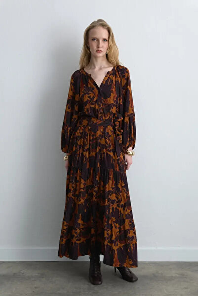 Gusto Anka Collection Belted Long Viscose Dress - Plum