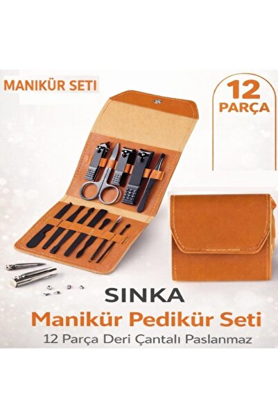 SİNKA Manikür Pedikür Seti 12 Parça Deri Çantalı Paslanamaz