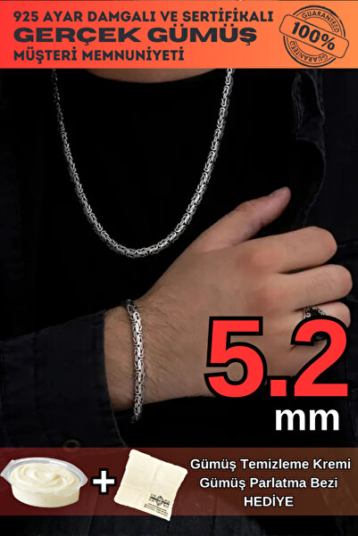 OSMANLI GÜMÜŞ Erkek Gümüş Kolye Bileklik Set - 5.2mm Yassı Ezme Kral Gümüş Bi...