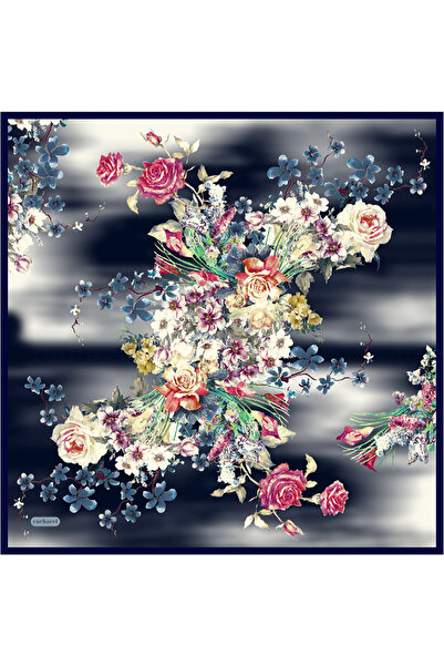 Cacharel Koyu Lacivert Çiçek Desenli İpek Twill Eşarp