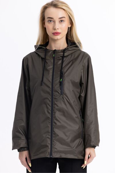 Goccix معطف واق من المطر نسائي مبطن باللون الكاكي ومقاوم للرياح مع جيب بغطاء ...