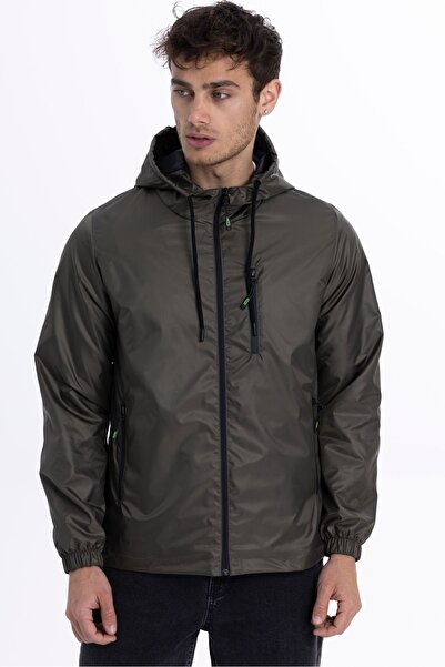 D1fference Erkek Haki Su ve Rüzgar Geçirmez İç Astarlı Cepli Kapüşonlu Spor Y...