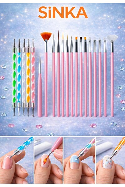 SİNKA Nail Art Tırnak Süsleme Desen Fırça 15'li  Ve Dot Kalem Seti 5'li  20 P...