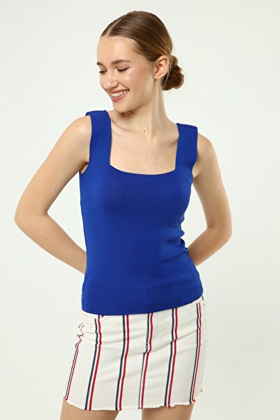 Kırçiçek Thick Strap Square Neck Summer Blouse Cobalt Blue