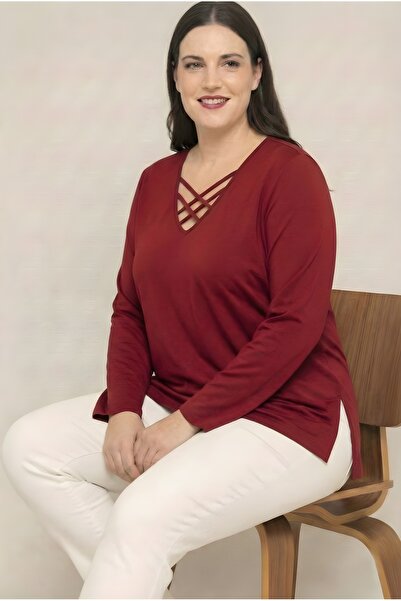 Curvy Trend V-Neck Cross 4-Banded Side Slit Long Sleeve Stretch Fabric Viscos...