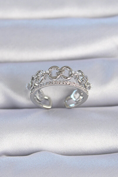 shopwave خاتم نسائي من النحاس الفضي اللون مرصع بالزركون واللؤلؤ