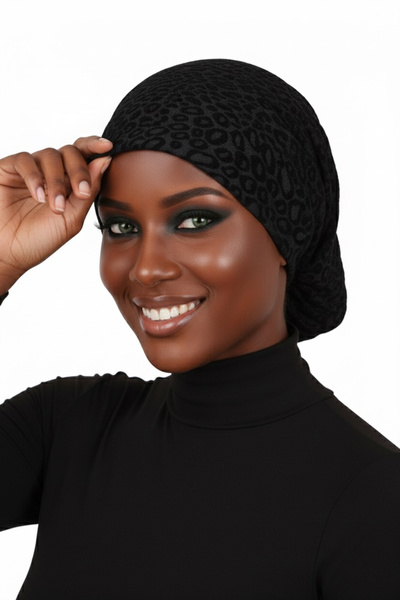 fidan bone عمامة جاهزة سوداء من البروكار مع غطاء رأس مناسبة للاستخدام الطبي