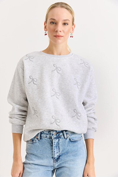 Raneel Kazançlı Alışveriş Women's Ribbon Embroidered Sweater Three Thread Black
