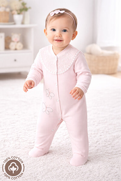 Miniel Kız Bebek Nakışlı Güpür Detaylı 3-6-9 Ay Penye Organik Pamuklu Patikli...