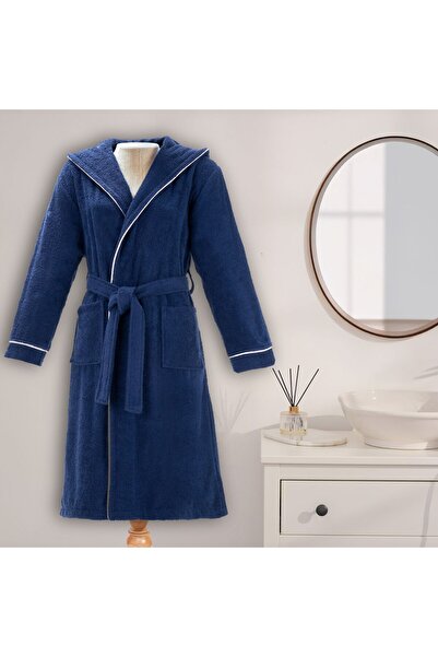 Layvera روب حمام باللون الأزرق الداكن للرجال والنساء |   100% قطن - بغطاء رأس...