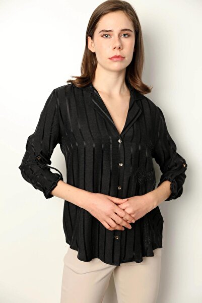 AYHAN 50970 Boncuk Nakışlı Kruvaze Yaka Çizgili Gömlek