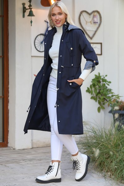 Chiccy Trench de damă, albastru bleumarin, cu glugă, cu mânecă lungă, căptușită cu buzunar, adunat, supradimensionat, țesut casual