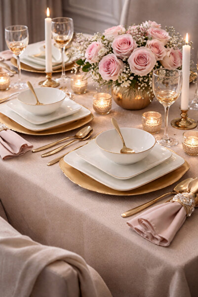 Kütahya Porselen Bone Minas 24 Parça 6 Kişilik Yemek Takım Altın Fileli