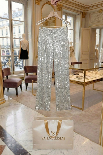 Paradise Collection Moda Evi Payetli Silver Beli Lastikli Pantolon: Geceye Iş...