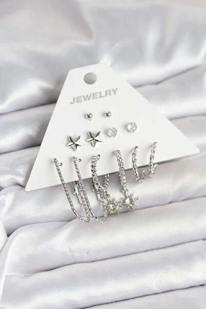 shopwave طقم أقراط نحاسية فضية اللون مكون من 6 قطع