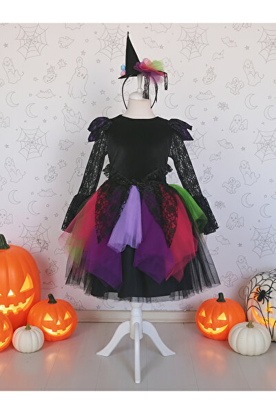 Moda Sitesi Cadı Kostümü Kız Çocuk için – Renkli Tül Etekli Halloween Elbises...