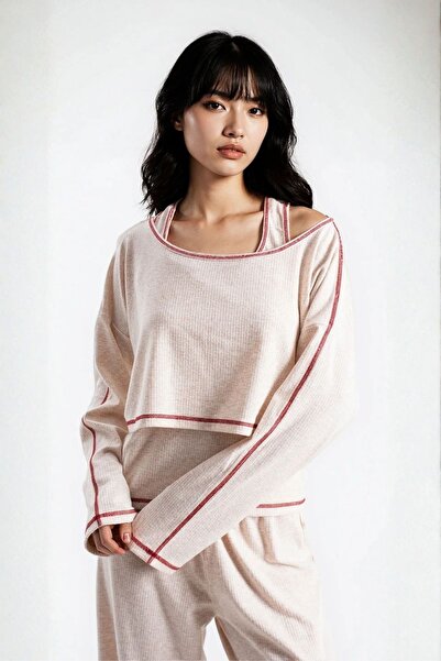 Ecrou Women's Stone Melange Report Ribbed Knit Texture Seoul 3-Piece Pajama Set