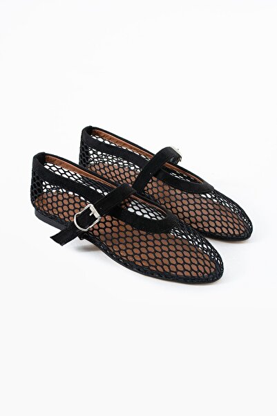 Eataly Shoes حذاء باليه كودي من جلد الغزال الأسود مع تفاصيل حزام شبكي كبير