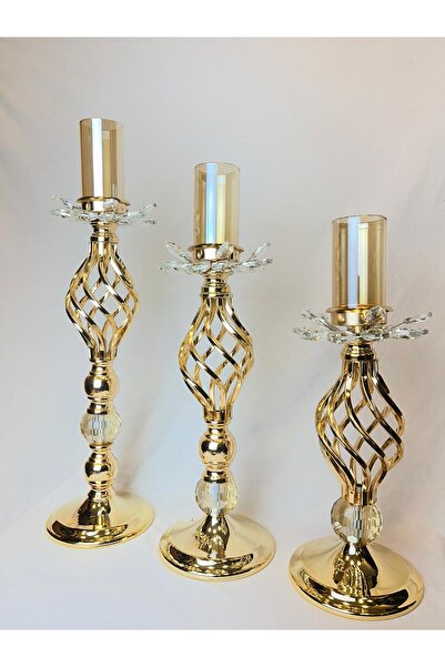 MİSALON KRİSTAL DETAYLI BURGU METAL ŞAMDAN - 3'LÜ SET