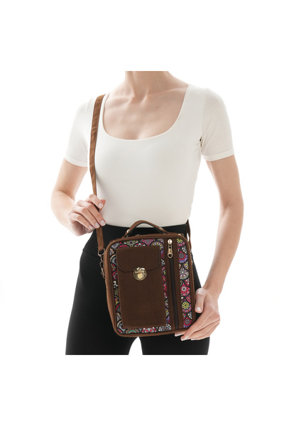 ÇANTA İran İşi El Yapımı Etnik Desenli Süet Kahve Bohem Askılı Omuz Çantası