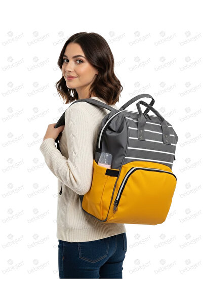 bebegen حقيبة ظهر للأم والطفل مخططة باللون الرمادي الخردل