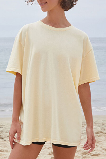 Moda Days Tricou galben pentru femei supradimensionat basic guler rotund cu m...