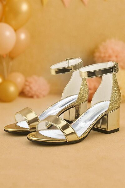 Sarıkaya Pantofi de seară pentru fete cu toc gros cu sclipici Elsa Gold