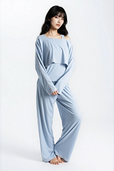 Ecrou Women's Blue Report Ribbed Knit Texture Seoul 3-Piece Pajama Set