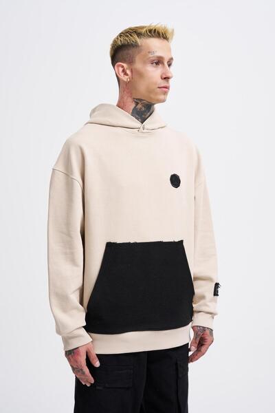 Machinist Muška kontrastna Patchwork svetlo bež dukserica sa kapuljačom