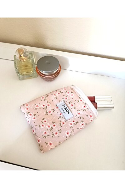 Se&On dizayn Pembe cicek desenli beyaz fermuarlı astarli küçük cüzdan mini ma...