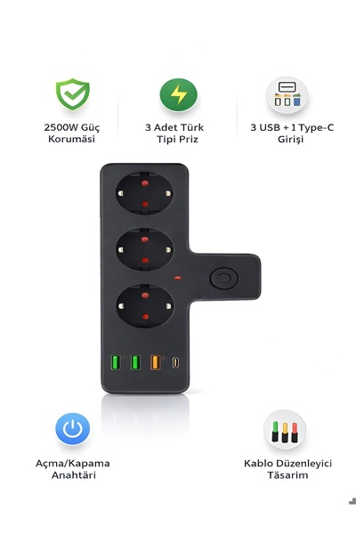 çelikwork inspiring technology Akım Korumalı 2500W 3'lü Çoklu Priz Kablosuz 3...