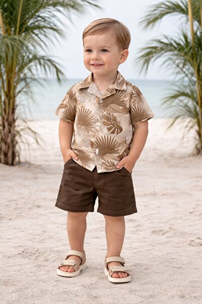 Chicsy Baby Tarz Yaprak Desenli Gömlek Belden Ayarlanabilir Slopetli Kısa Kol...