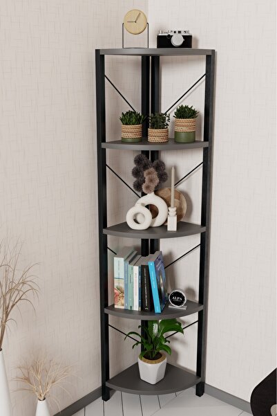 alpaevmobilya 150 cm 5 Raflı Metal Köşe Kitaplık - Salon Dekoratif Çiçeklik v...